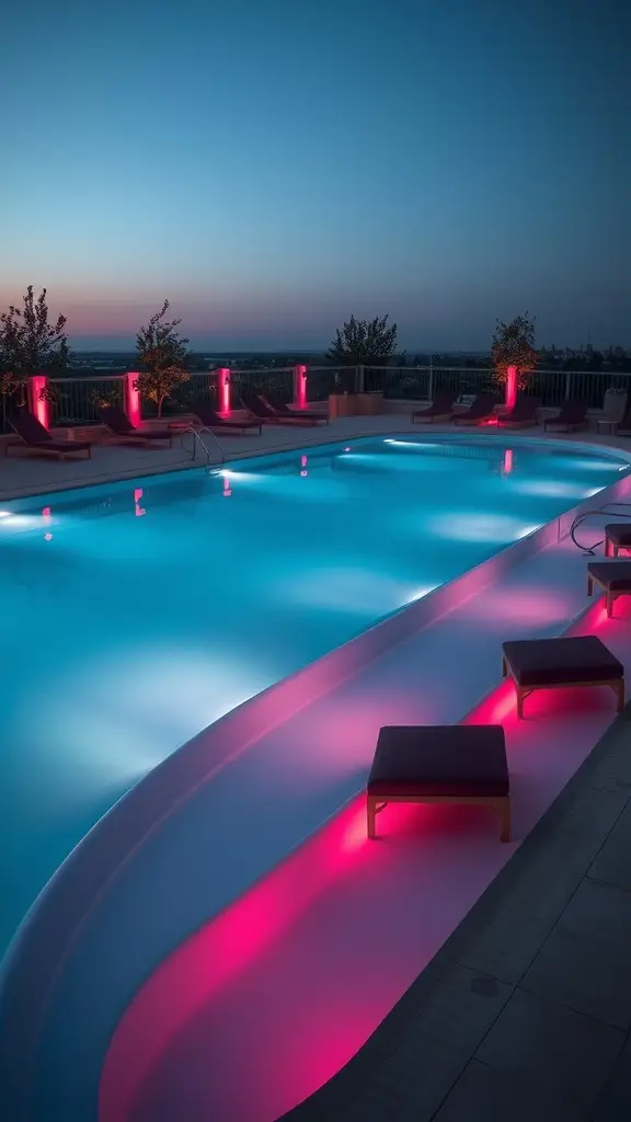 A beautifully lit swimming pool with pink lights and loungers, set against a twilight sky.