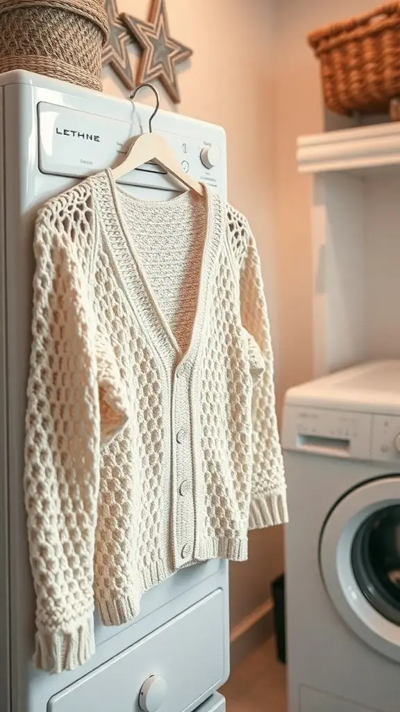 A cream crochet cardigan hanging on a washing machine, showcasing maintenance tips for crochet garments.