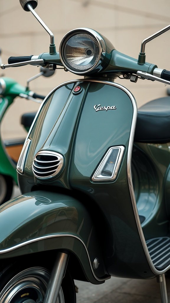 Close-up of a 1960s Vespa scooter showcasing its iconic design features.