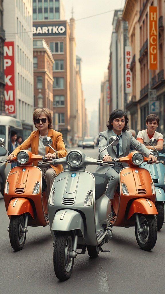 Two riders on colorful Vespa scooters in a city street, embodying the 1960s fashion and culture.