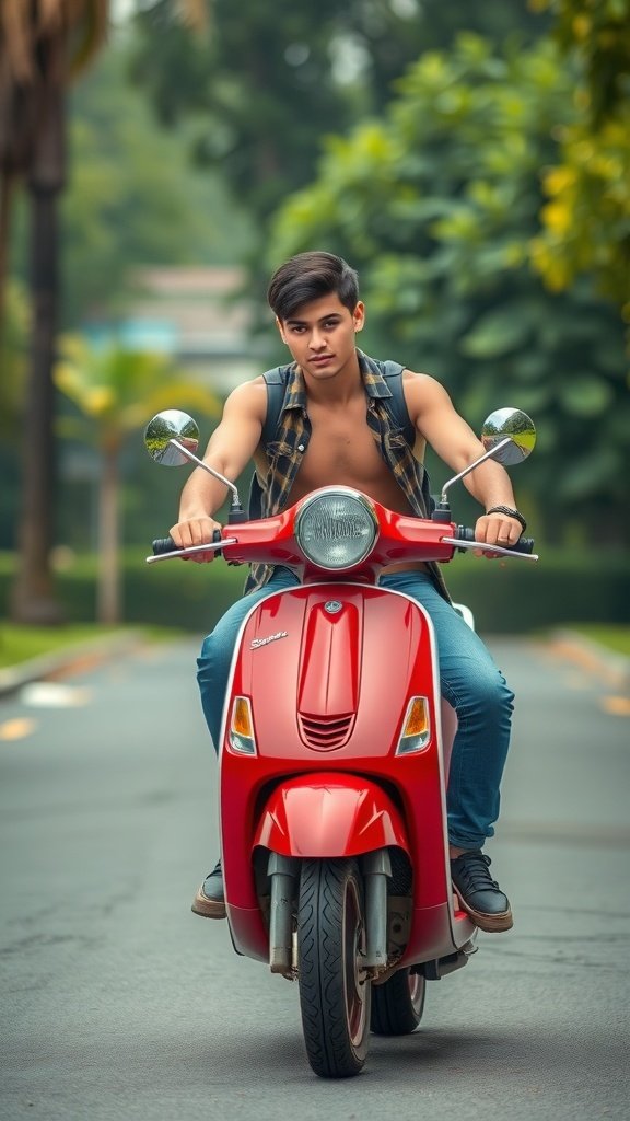 A young person smiling while riding a red Vespa scooter on a street.