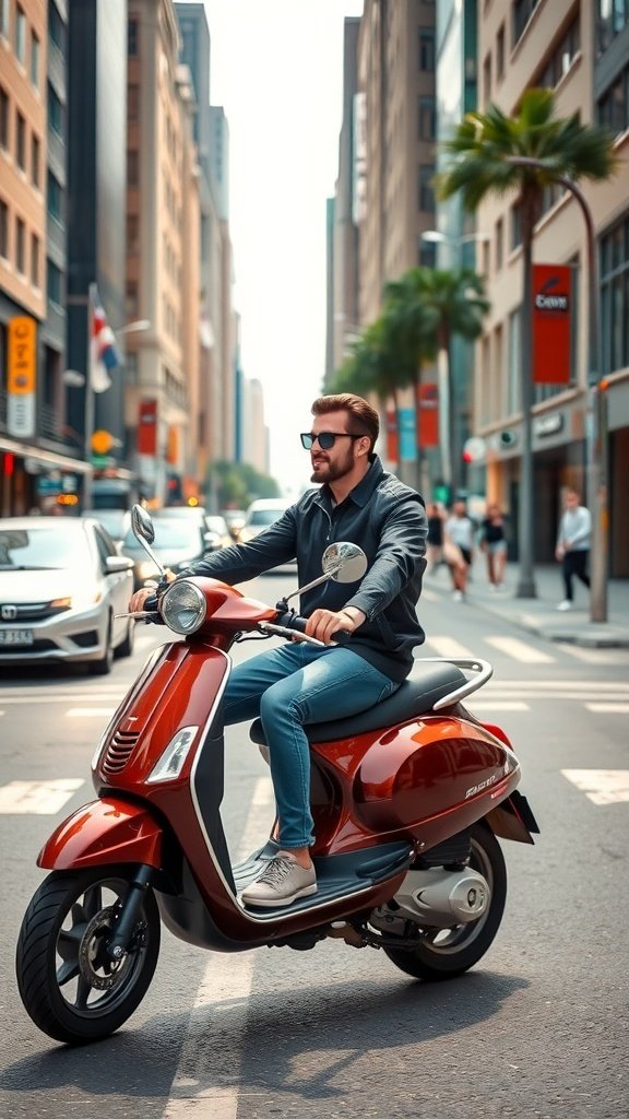 A street filled with colorful Vespa scooters amidst city traffic.