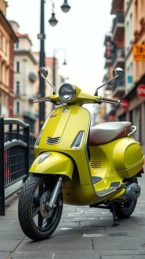 A Vespa scooter parked on a street with warm lights in the background.