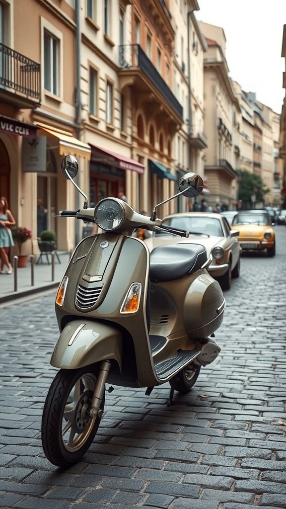 A classic Vespa scooter parked on a cobblestone street, surrounded by charming buildings.