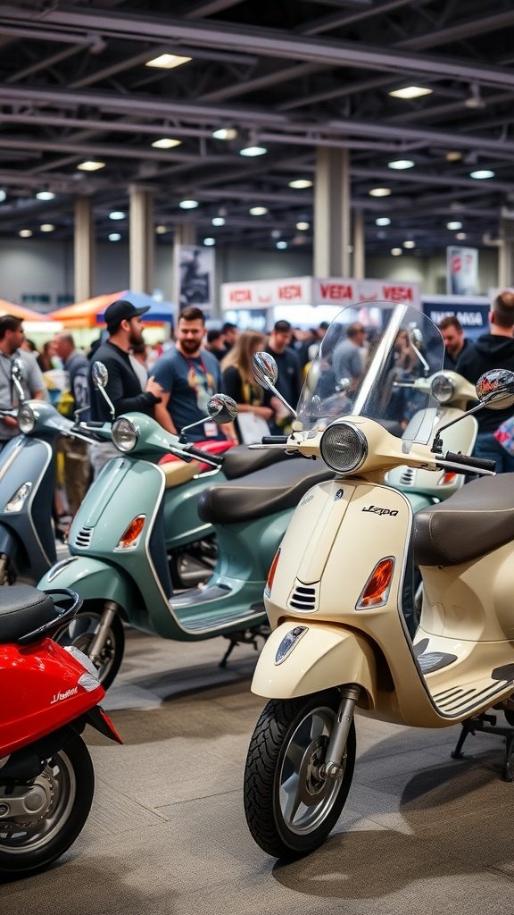 A variety of Vespa scooters on display at a scooter event, with people in the background.