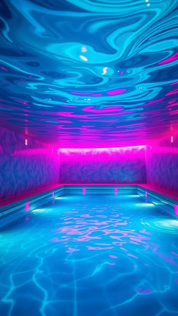 A room with a ceiling that resembles water, featuring blue and purple lighting.