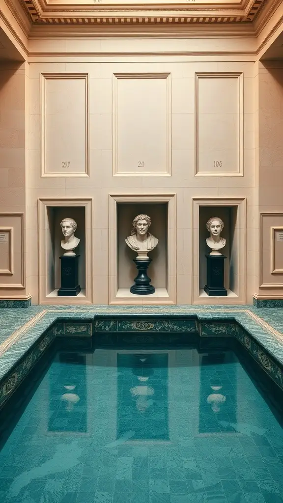 A luxurious spa niche featuring a serene pool surrounded by classical busts and elegant marble decor.
