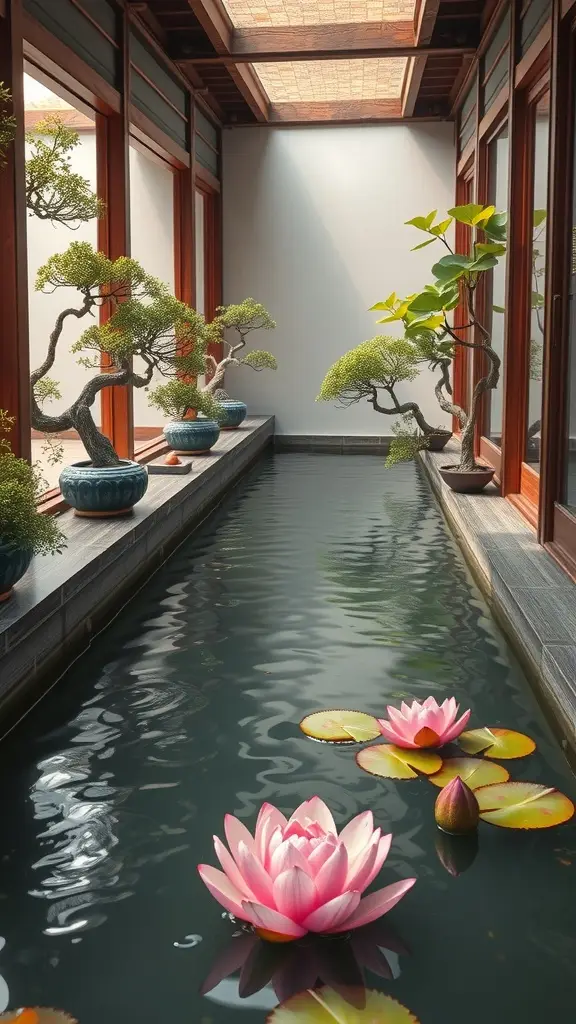 A serene indoor pool surrounded by bonsai trees and lotus flowers, with natural light filtering through skylights.