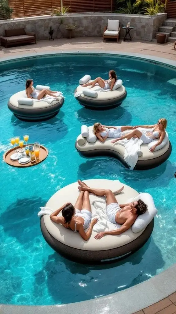 A circular swimming pool with plush seating and a table in the center, surrounded by calm water.