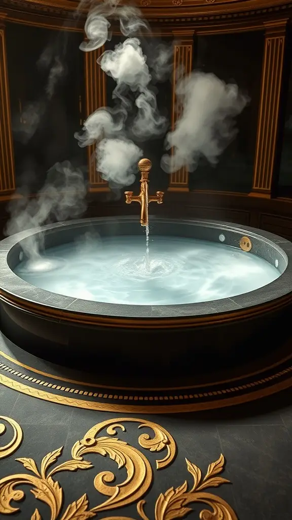 A circular pool with a fountain centerpiece, surrounded by elegant design elements.