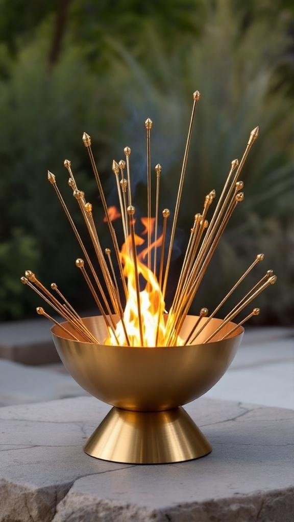 A stylish Atomic Ember fire pit with a shiny bowl and radiating rods, showcasing a vibrant flame.