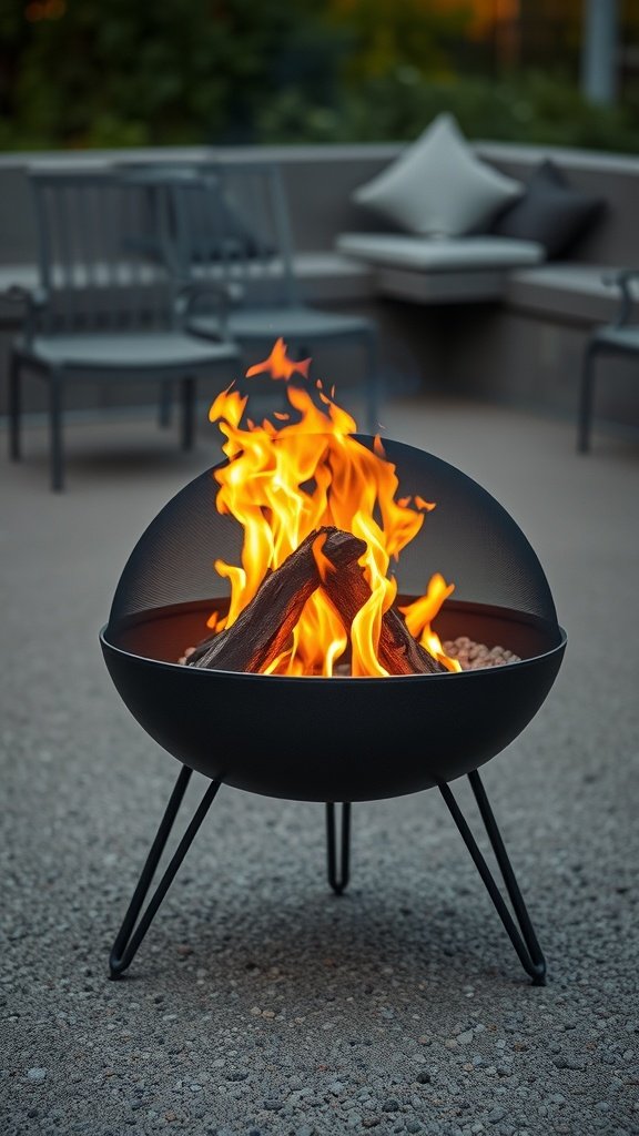 A modern fire pit with flames and logs, set in a stylish outdoor area.