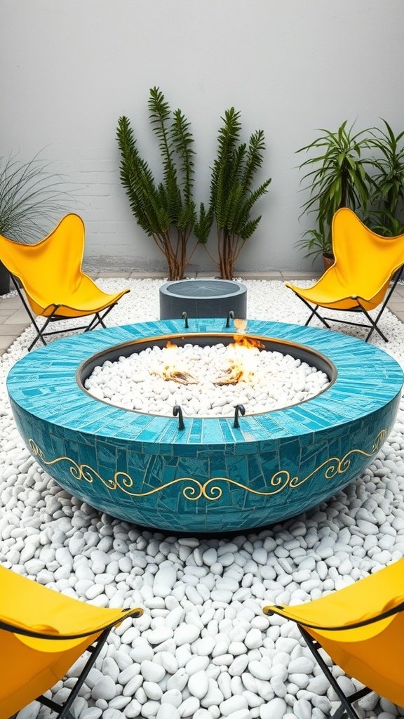 A vibrant turquoise fire pit surrounded by white pebbles and yellow chairs, showcasing a 1960s style.