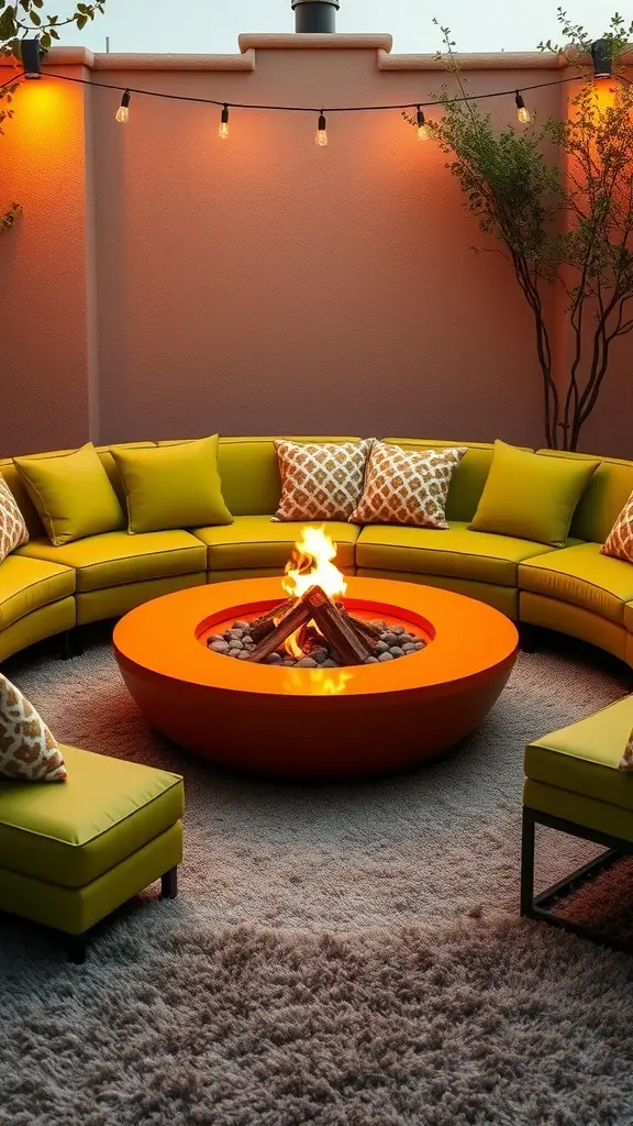 A vibrant outdoor fire pit area featuring a circular orange fire pit surrounded by yellow cushioned seating.