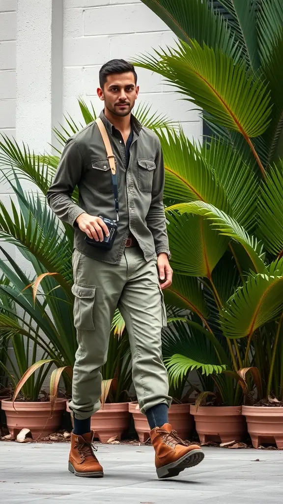 A man wearing a Pickle Safari Suit, featuring a button-up shirt and cargo pants, standing in front of tropical plants.