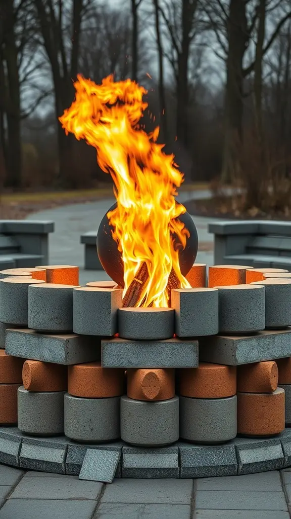A modern fire pit designed in Bauhaus style, featuring geometric shapes and vibrant flames.
