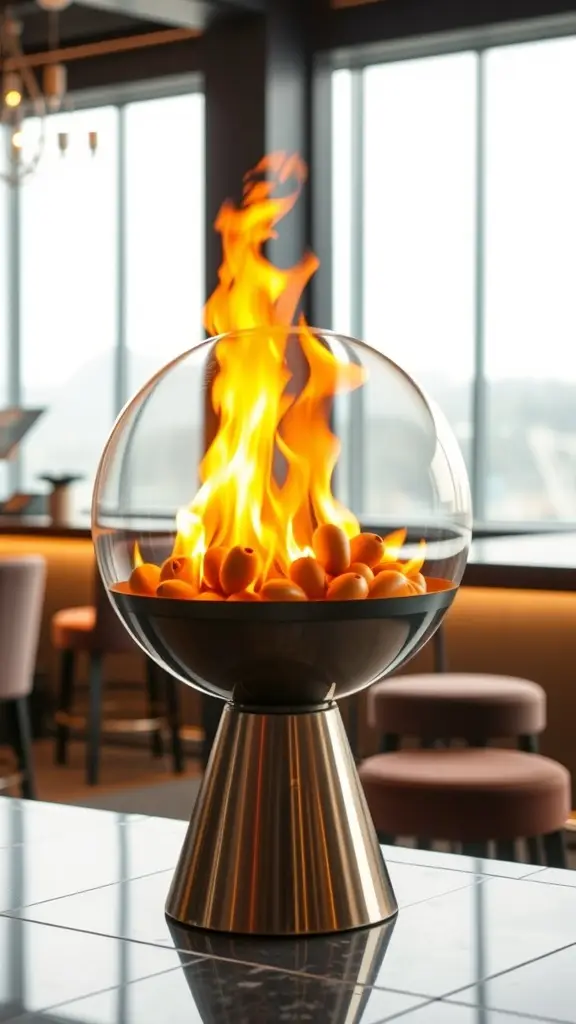 A stylish fire pit with a glass dome and vibrant flames, resembling a retro design.