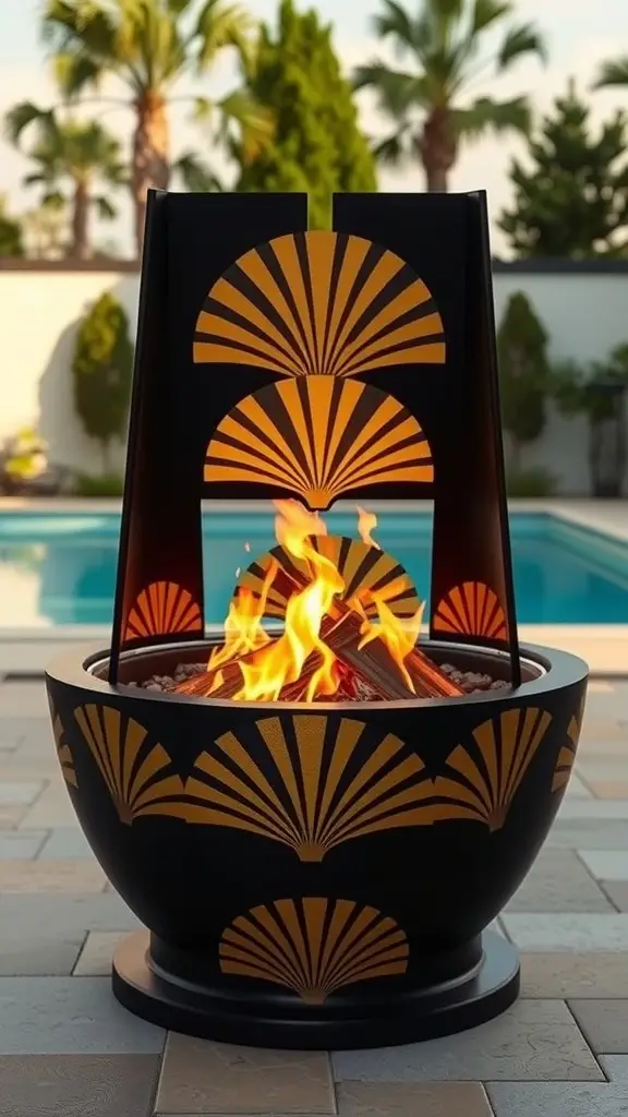 A stylish black fire pit with golden fan designs, glowing with flames, set by a poolside.