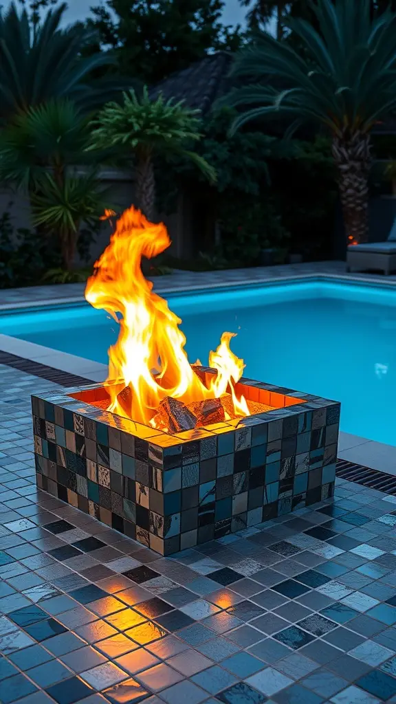 A stylish fire pit with flames, surrounded by a pool and palm trees, reflecting 1960s design.
