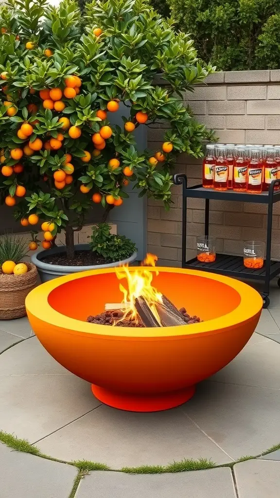 A stylish multi-tiered fire pit resembling a fountain with flames and golden accents.