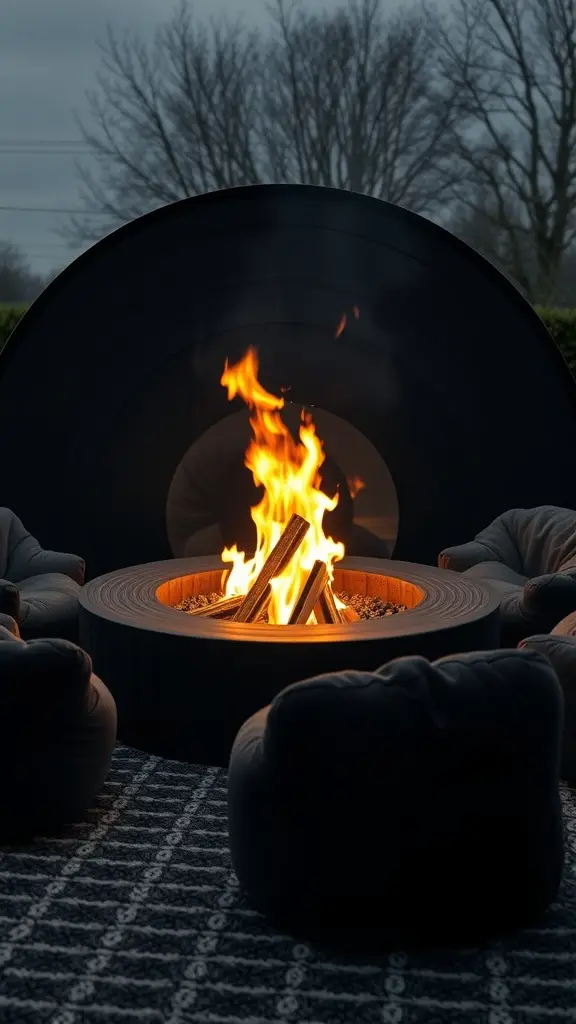 A modern fire pit designed like a vinyl record, surrounded by cozy bean bag chairs, with flames flickering in the center.