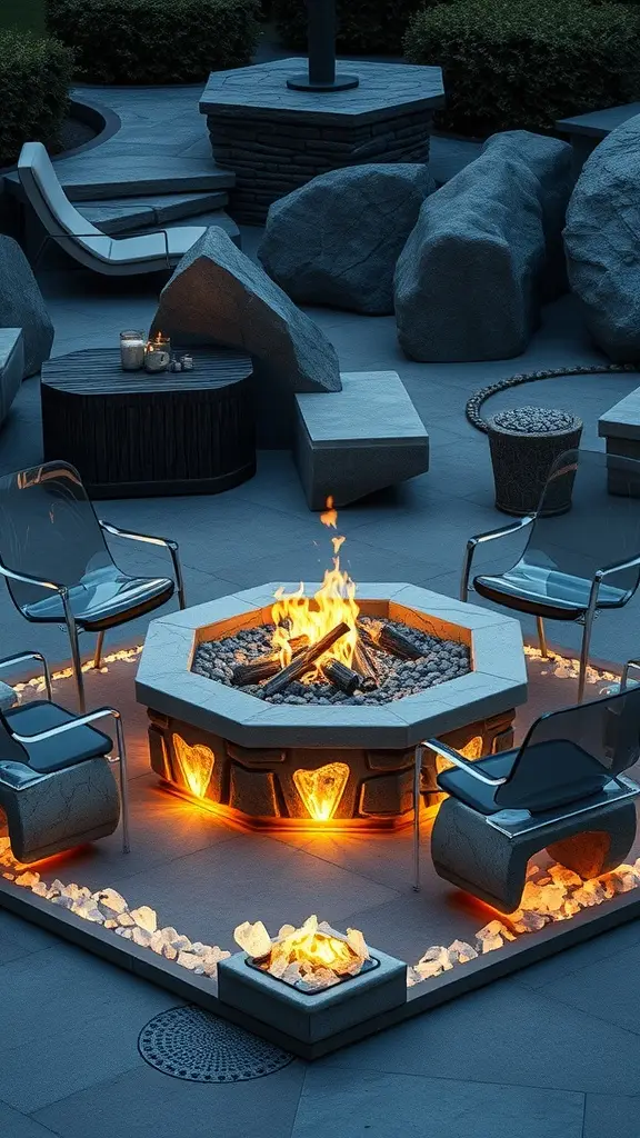 A stylish hexagonal fire pit surrounded by modern chairs, glowing stones, and a cozy outdoor setting.