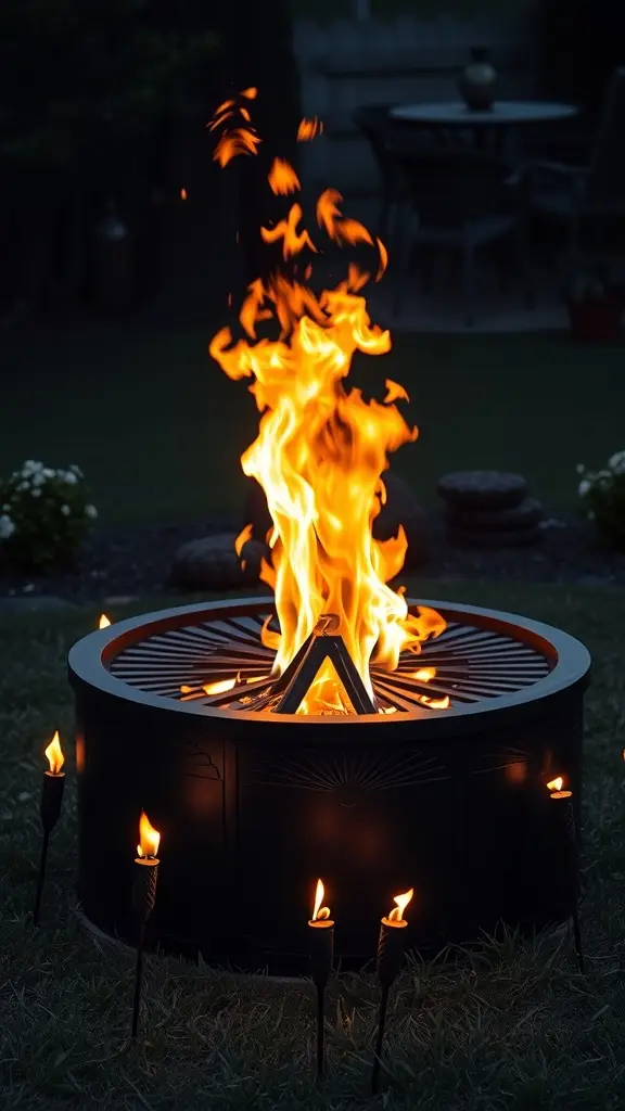 A stylish Deco Disc fire pit with vibrant flames surrounded by torches in a backyard setting.