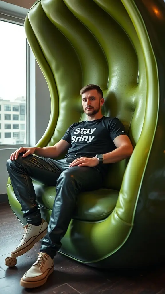 A person sitting in a green pickle-shaped chair wearing a black t-shirt that says 'Stay Briny.'