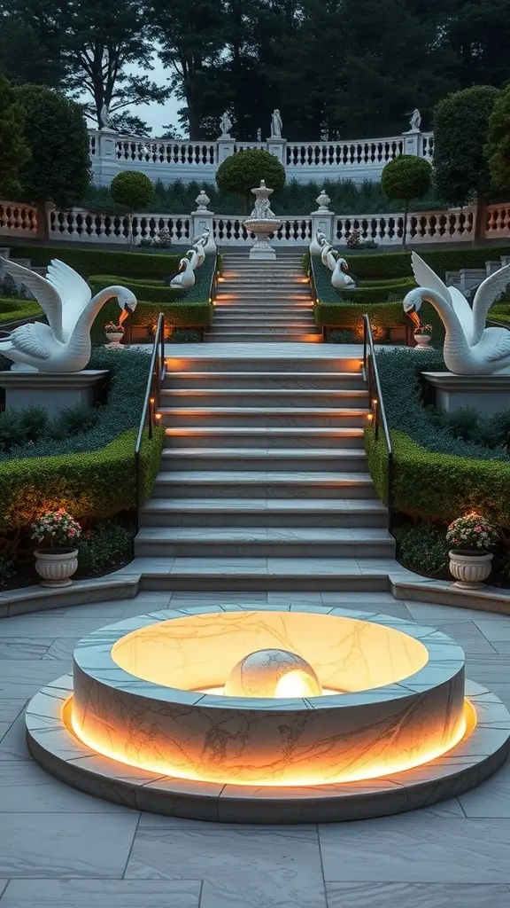 A luxurious marble fire pit surrounded by elegant landscaping, showcasing a 1960s style.