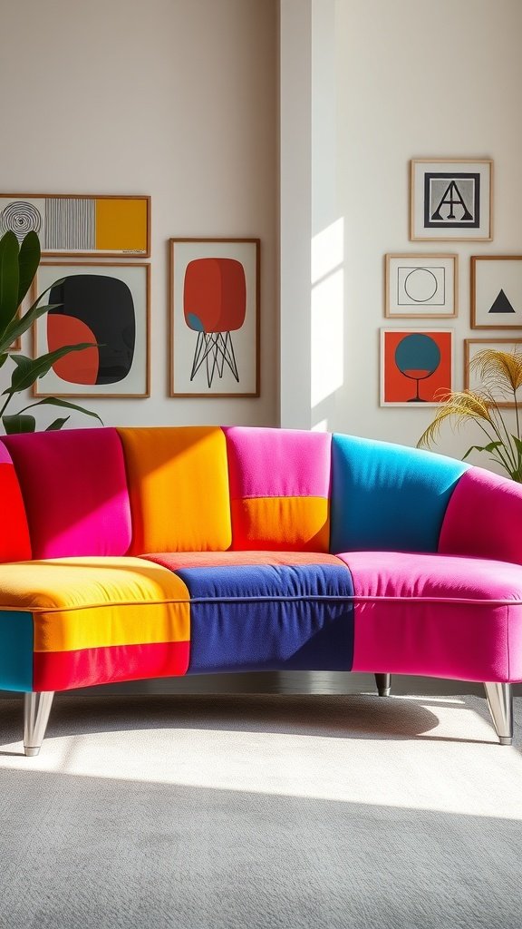 A vibrant 1960s style couch with a mix of bright colors, set against a wall with framed modern art.