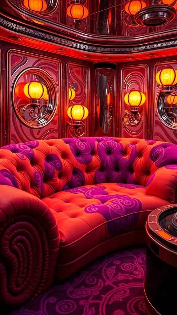 A vibrant 1960s-style couch in red and purple with tufted design, surrounded by warm lighting and reflective surfaces.