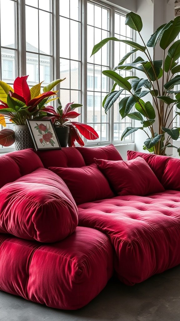 A bold red couch with plush cushions and a rounded shape, surrounded by greenery and large windows.