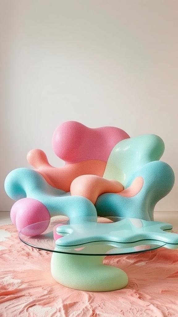 A colorful and whimsical lounge area featuring a curved couch in peach and mint green colors, with a unique crown-shaped coffee table.