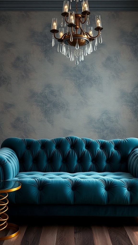 A teal tufted couch with a gold accent table and a chandelier above.