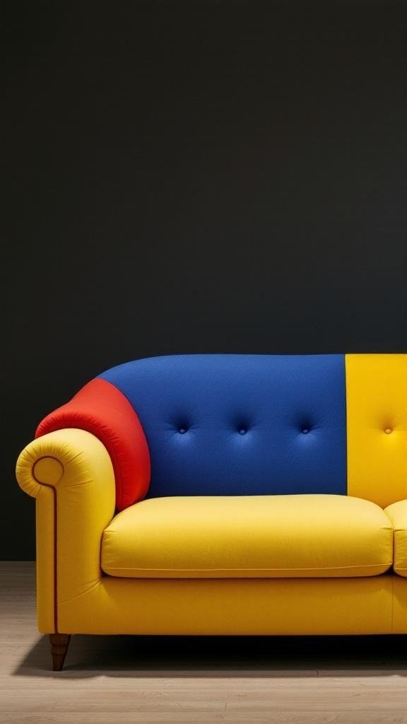 A vibrant 1960s style couch in red, blue, and yellow with a tufted design.