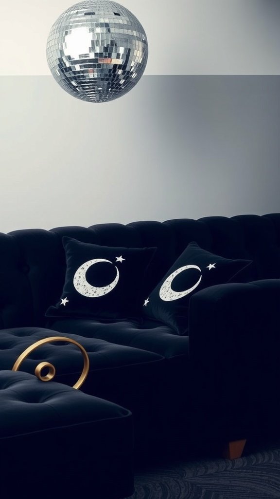 A luxurious velvet couch with crescent moon pillows and a disco ball above.