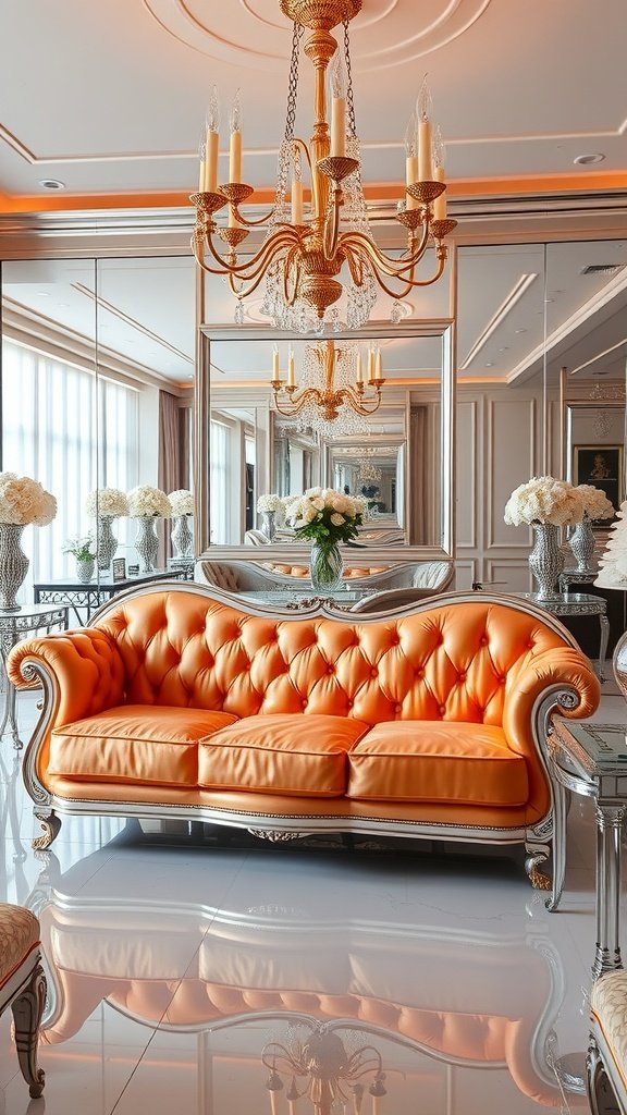A vibrant orange tufted couch with a luxurious design, set in a stylish room with mirrors and a chandelier.