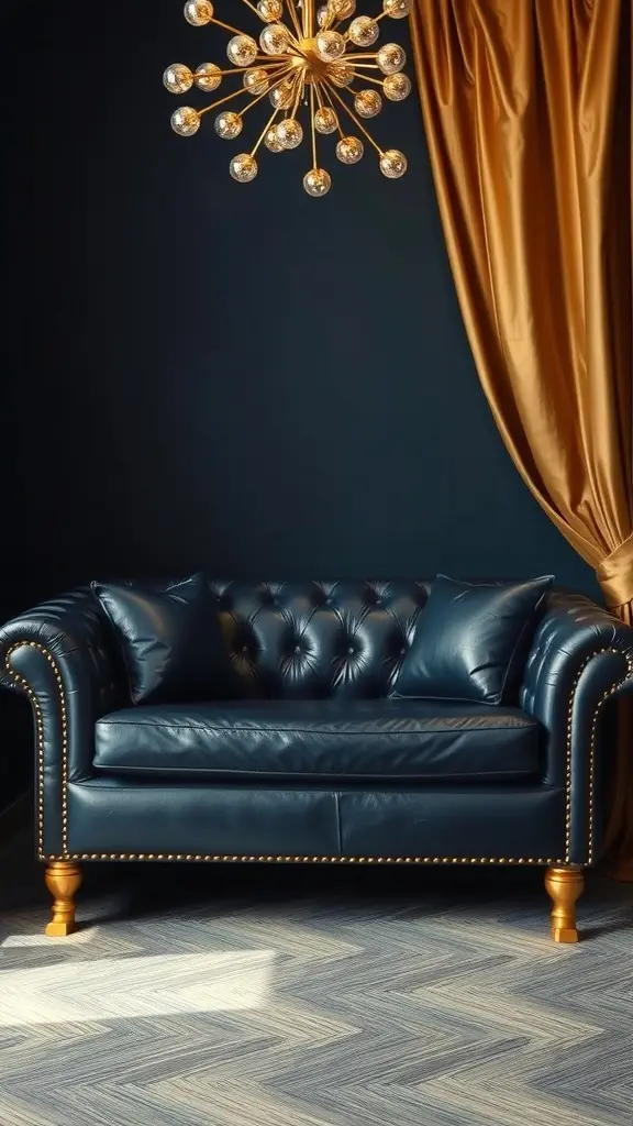 A stylish blue leather couch with tufted design and golden legs, accompanied by a starburst chandelier and rich golden drapes.