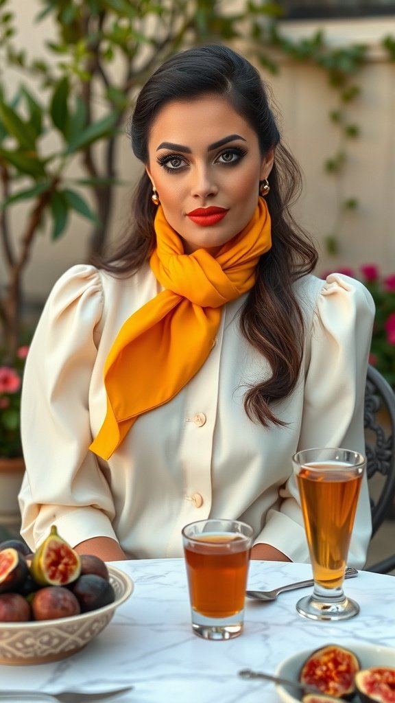 A woman wearing a bright yellow scarf, sitting at a table with fruit and drinks, surrounded by greenery.