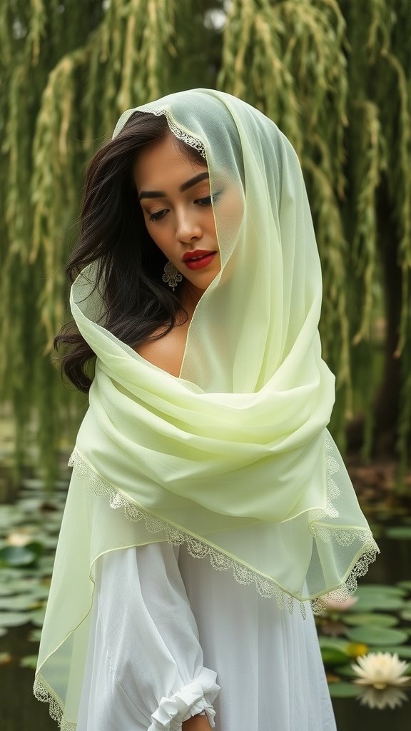 A woman wearing a willow green chiffon scarf, standing gracefully by a serene pond surrounded by greenery.