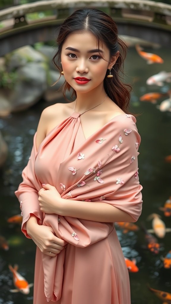 A woman in a blush scarf and pink dress stands by a koi pond, surrounded by blooming flowers.