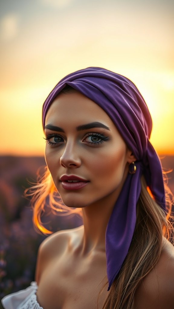 A woman wearing a purple velvet bandana with floral patterns, standing in a field of flowers during sunset.