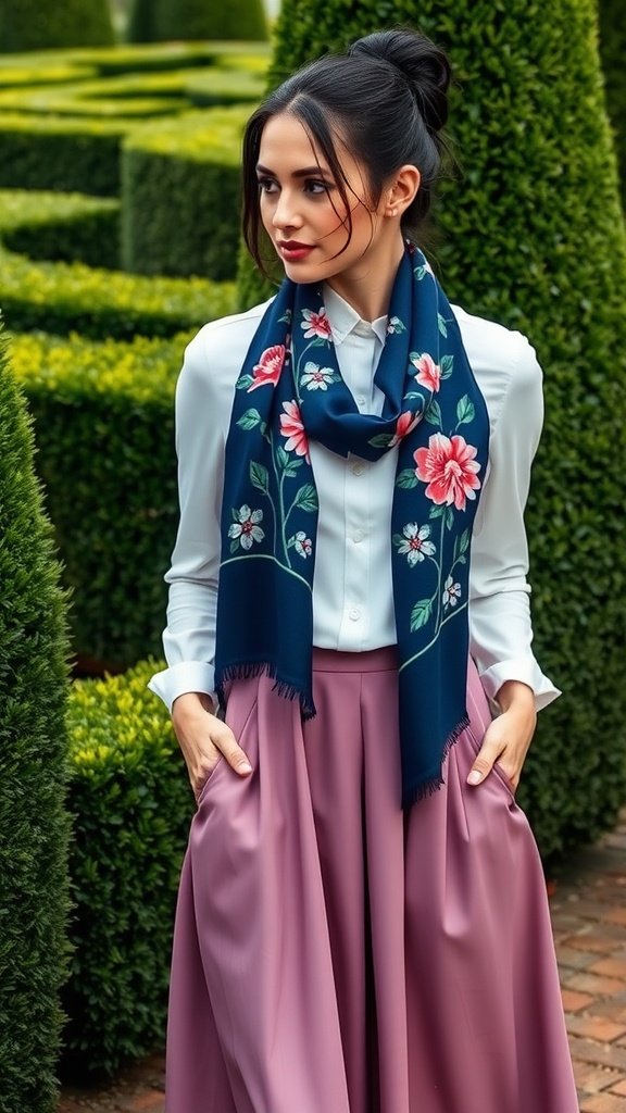 A woman wearing a floral scarf and a flowing skirt, standing in a garden maze.