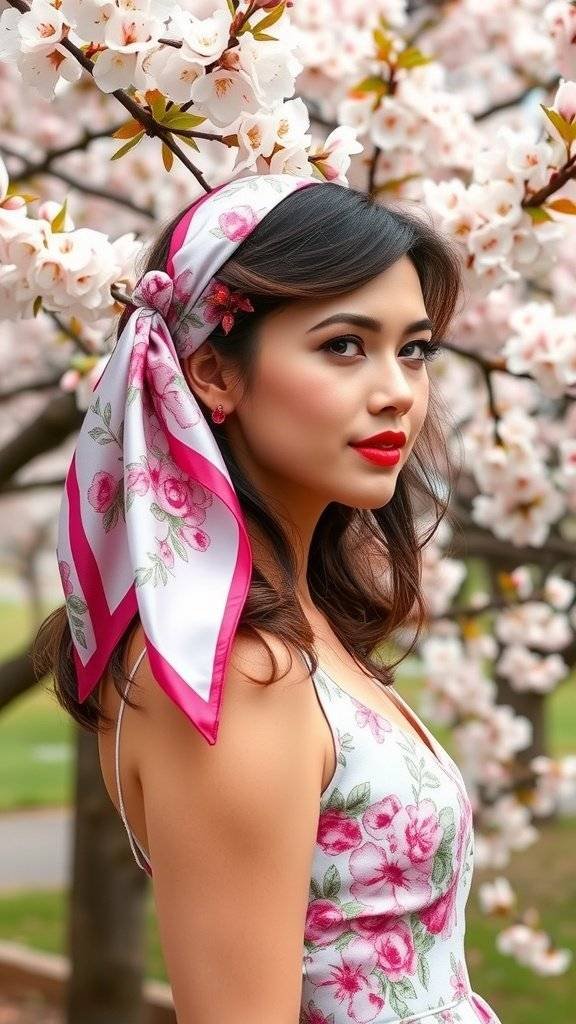 A woman wearing a floral scarf stands under cherry blossom trees, showcasing a stylish look.