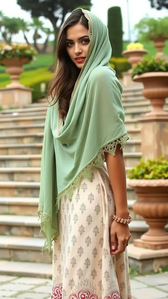A woman wearing a sage scarf and a flowing dress, standing in a garden with lush greenery and flowers.