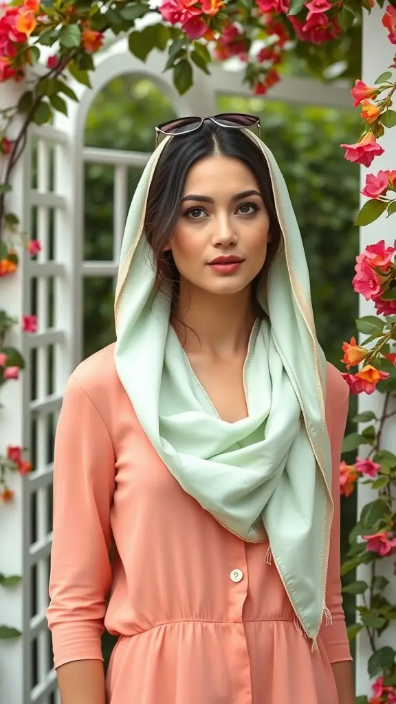 A woman wearing a mint green silk scarf with a coral top, surrounded by blooming flowers.