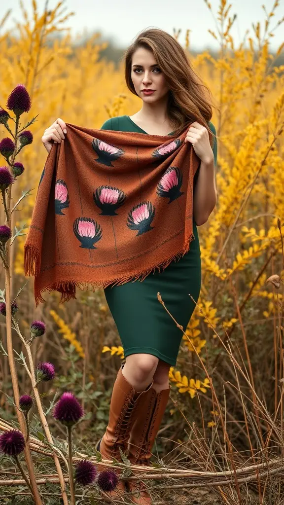A woman wearing a green Bronze Thistle Wrap against a backdrop of yellow flowers.