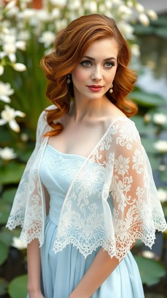 A woman in a light blue dress wearing a lace shawl, standing by a lily pond surrounded by flowers.