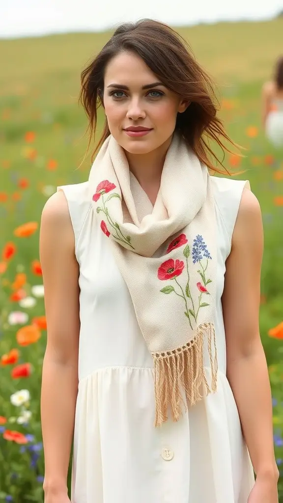 A woman wearing a white dress with floral embroidery and a light scarf, standing in a field of wildflowers.