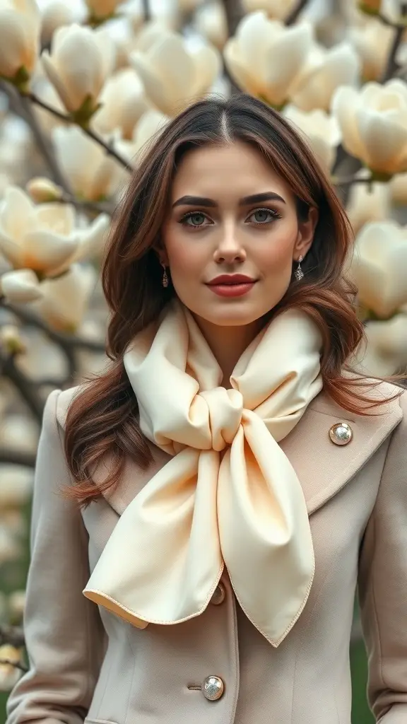 A woman wearing a buttercream bow wrap scarf, standing in front of blooming magnolia flowers.